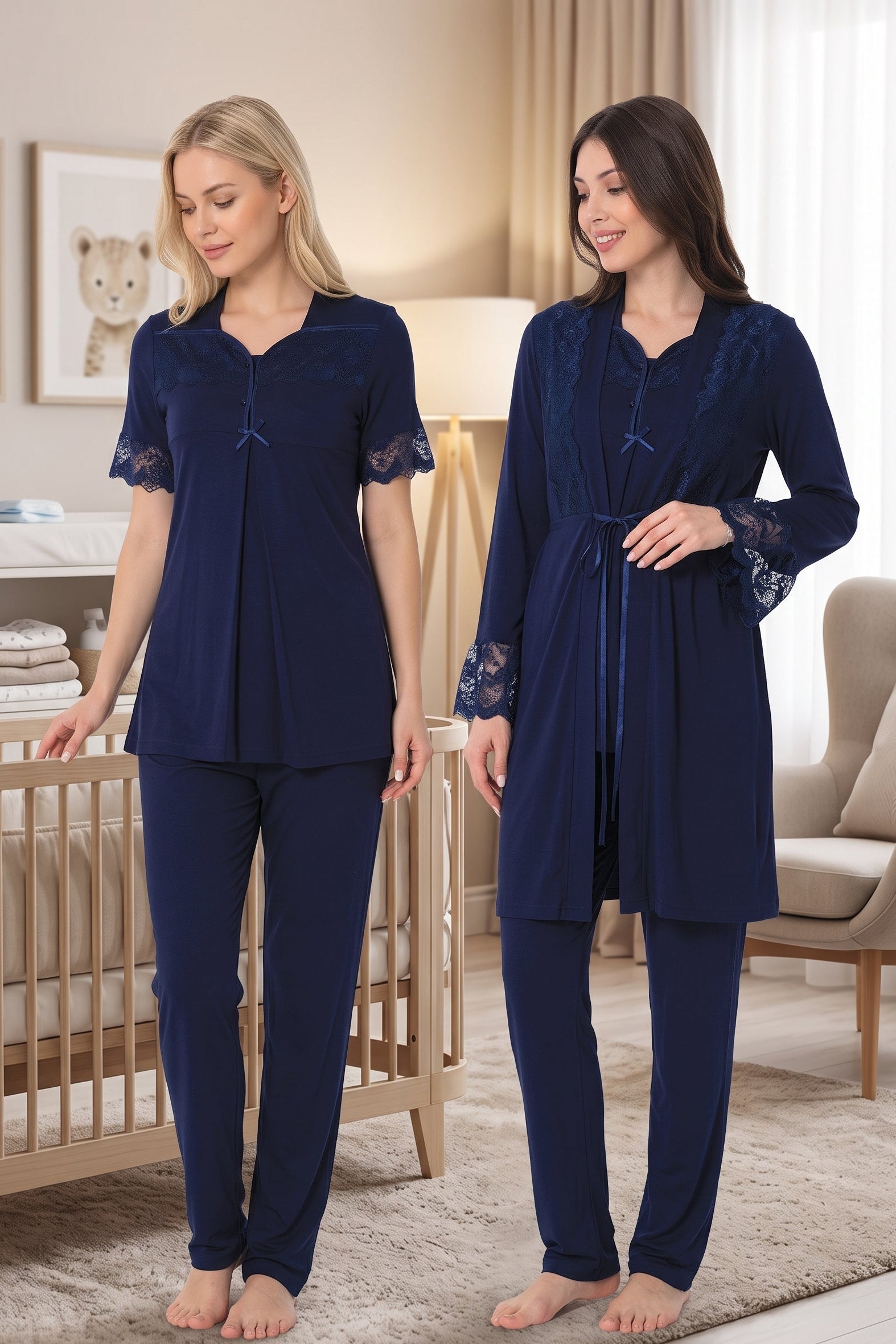 Lace Sleeve 3-Piece Maternity-Nursing Pajama & Lacy Flywheel Arm Robe Set Navy Blue - 9014