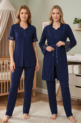 Lace Sleeve 3-Piece Maternity-Nursing Pajama & Lacy Flywheel Arm Robe Set Navy Blue - 9014