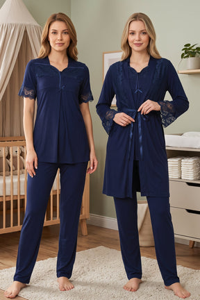 Lace Sleeve 3-Piece Maternity-Nursing Pajama & Lacy Flywheel Arm Robe Set Navy Blue - 9014