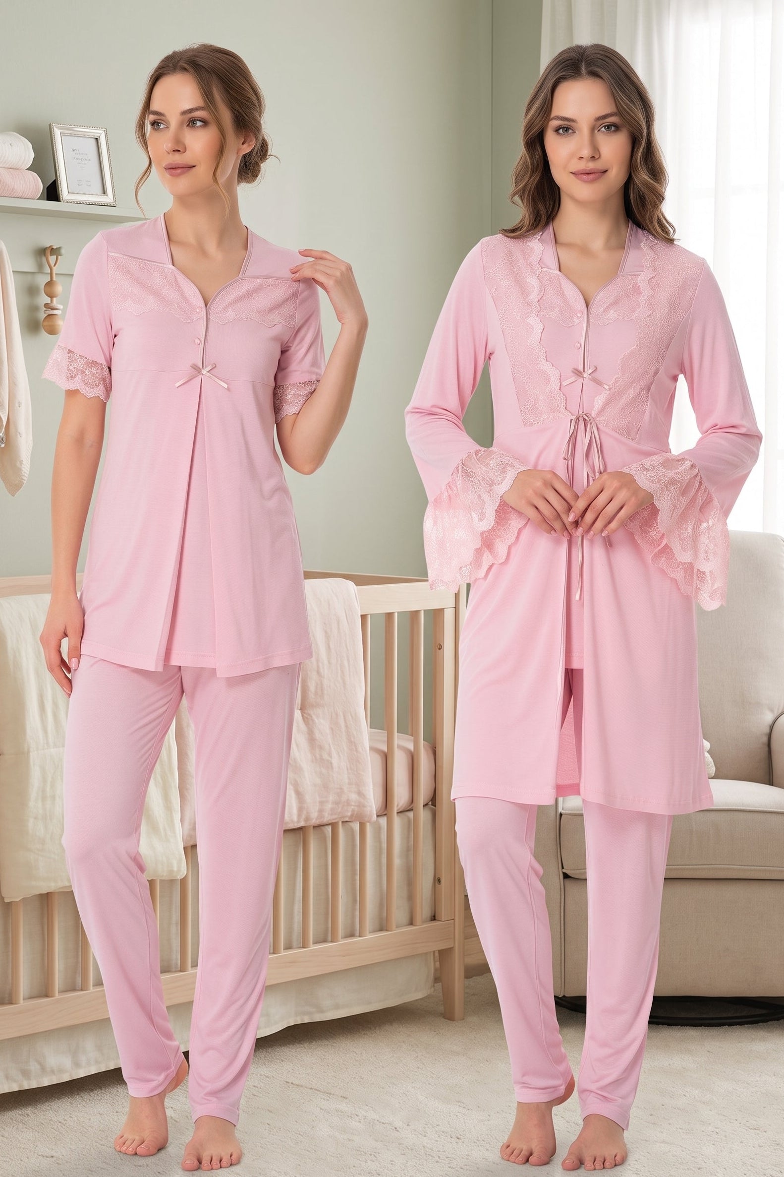 Lace Sleeve 3-Piece Maternity-Nursing Pajama & Lacy Flywheel Arm Robe Set Powder - 9014