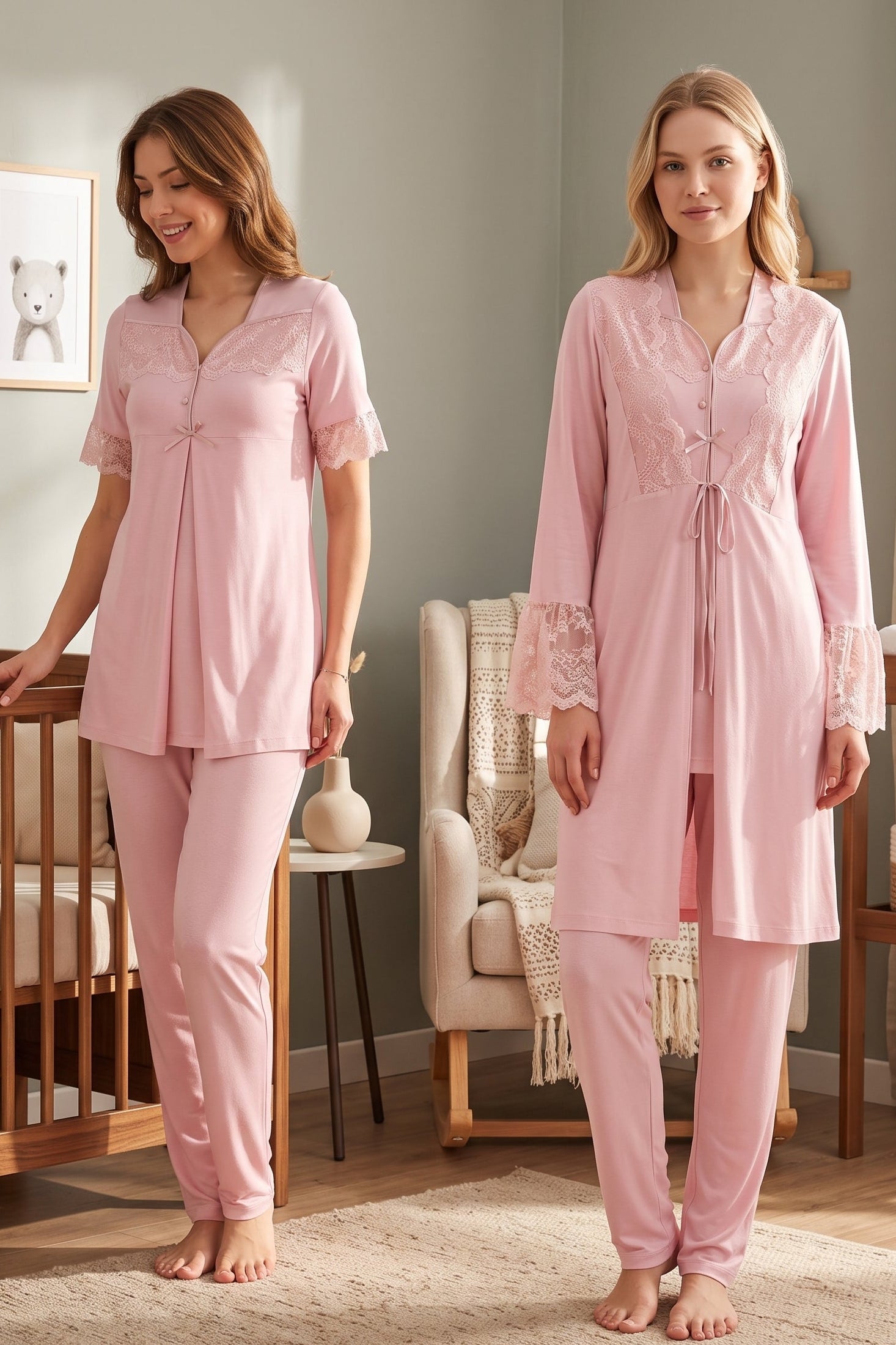 Lace Sleeve 3-Piece Maternity-Nursing Pajama & Lacy Flywheel Arm Robe Set Powder - 9014