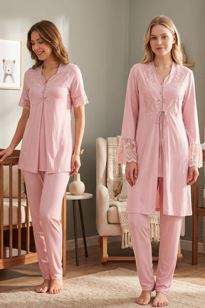 Lace Sleeve 3-Piece Maternity-Nursing Pajama & Lacy Flywheel Arm Robe Set Powder - 9014