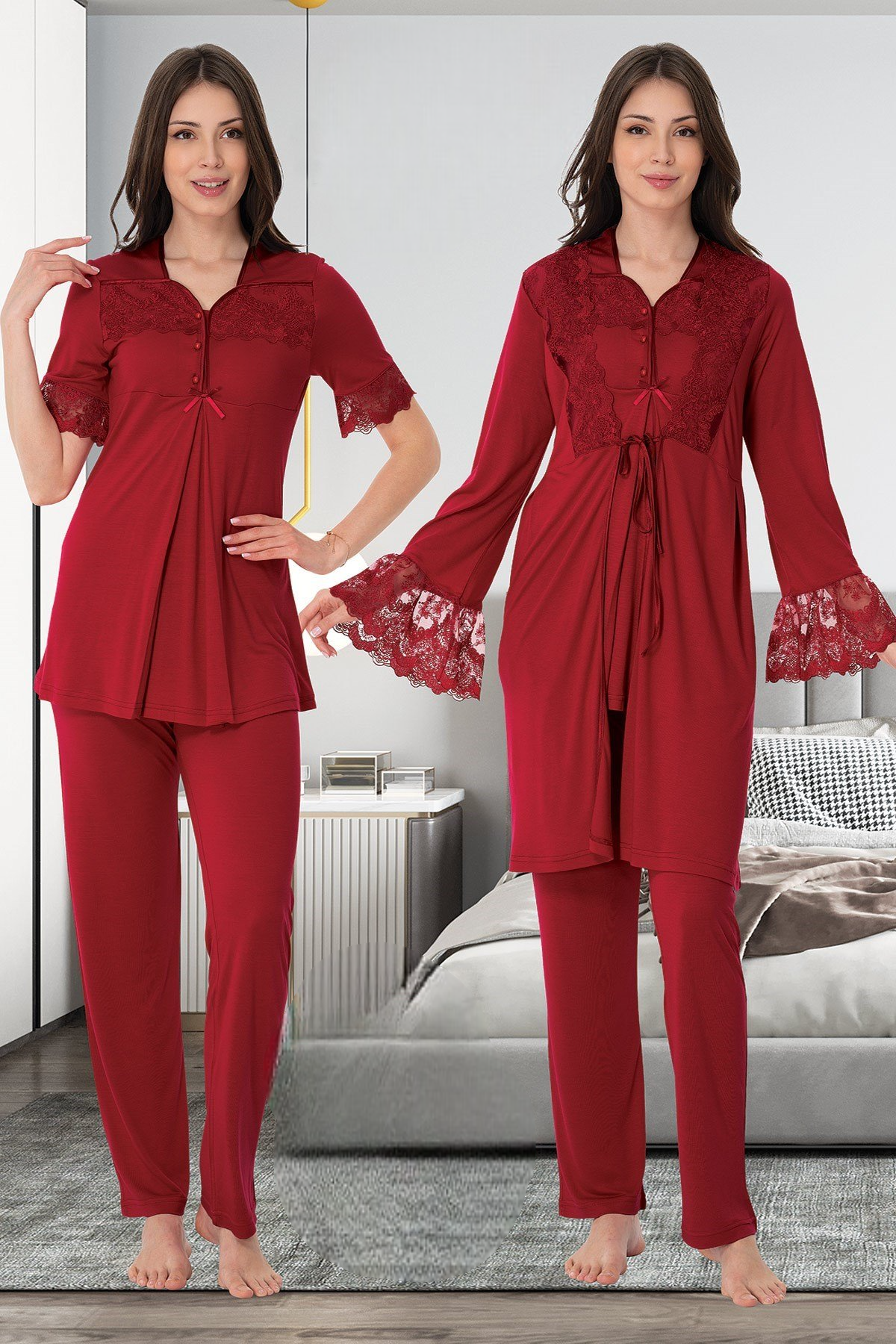 Lace Sleeve 3-Piece Maternity-Nursing Pajama & Lacy Flywheel Arm Robe Set Cherry - 9014