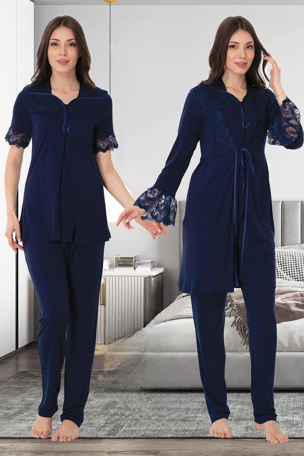 Lace Sleeve 3-Piece Maternity-Nursing Pajama & Lacy Flywheel Arm Robe Set Navy Blue - 9014