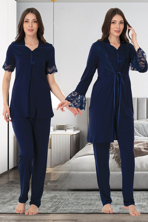 Lace Sleeve 3-Piece Maternity-Nursing Pajama & Lacy Flywheel Arm Robe Set Navy Blue - 9014