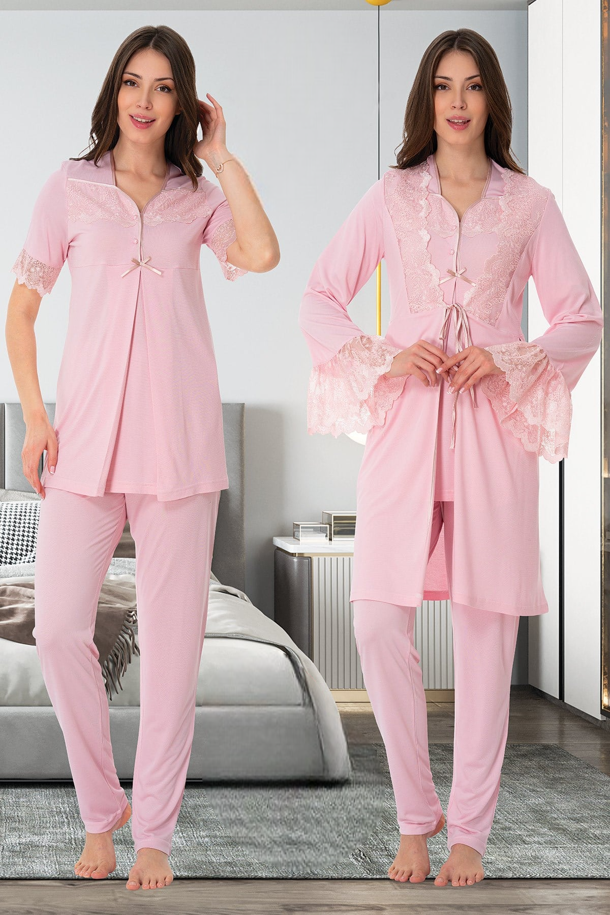 Lace Sleeve 3-Piece Maternity-Nursing Pajama & Lacy Flywheel Arm Robe Set Powder - 9014