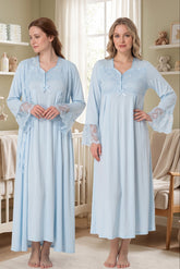 Lace Sleeve Maternity-Nursing Nightgown & Lacy Flywheel Arm Robe Set Blue - 9015