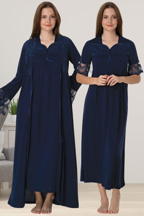 طقم ثوب نوم للأمهات والرضاعة بأكمام من الدانتيل مع رداء ذراع دولاب الموازنة باللون الأزرق الداكن - 9015
