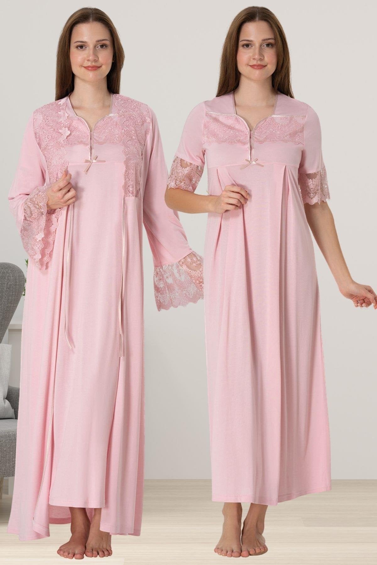 Lace Sleeve Maternity-Nursing Nightgown & Lacy Flywheel Arm Robe Set Powder - 9015
