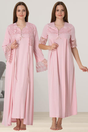 Lace Sleeve Maternity-Nursing Nightgown & Lacy Flywheel Arm Robe Set Powder - 9015