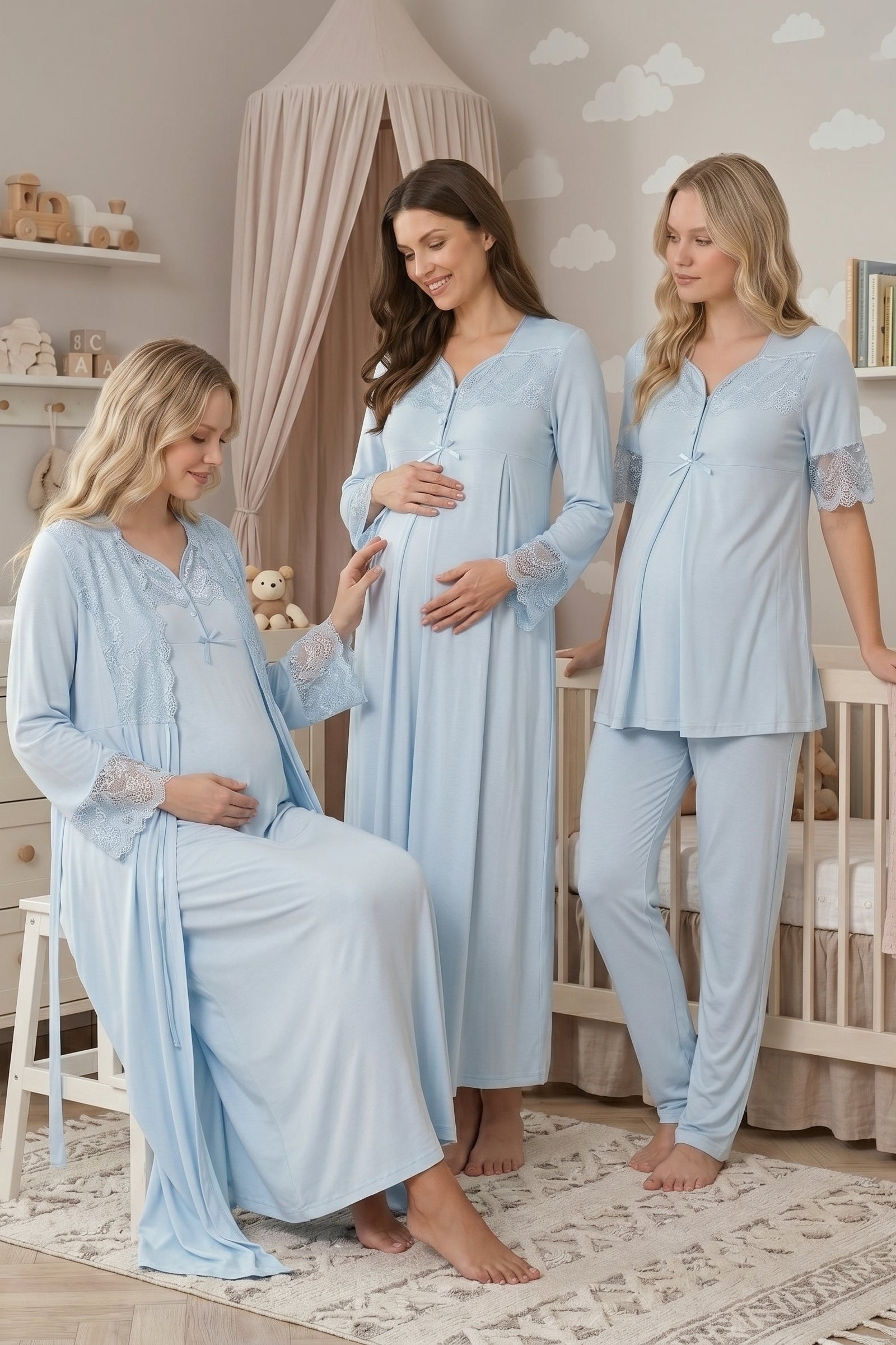 Lace Sleeve Lacy Flywheel Arm 4-Piece Maternity-Nursing Set Blue - 9016
