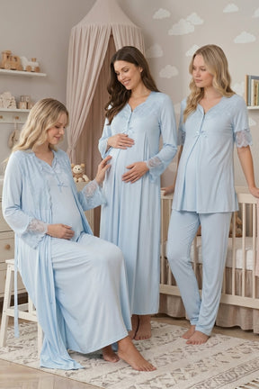 Lace Sleeve Lacy Flywheel Arm 4-Piece Maternity-Nursing Set Blue - 9016