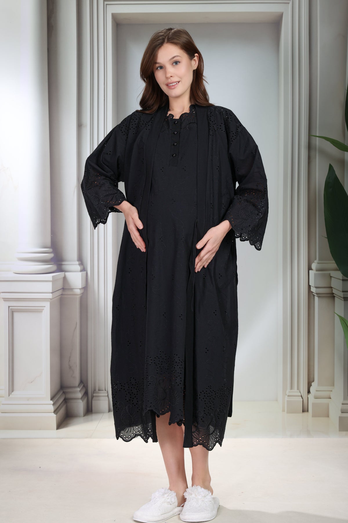 Embroidered Maternity-Nursing Nightgown & Robe Set Black - 9020