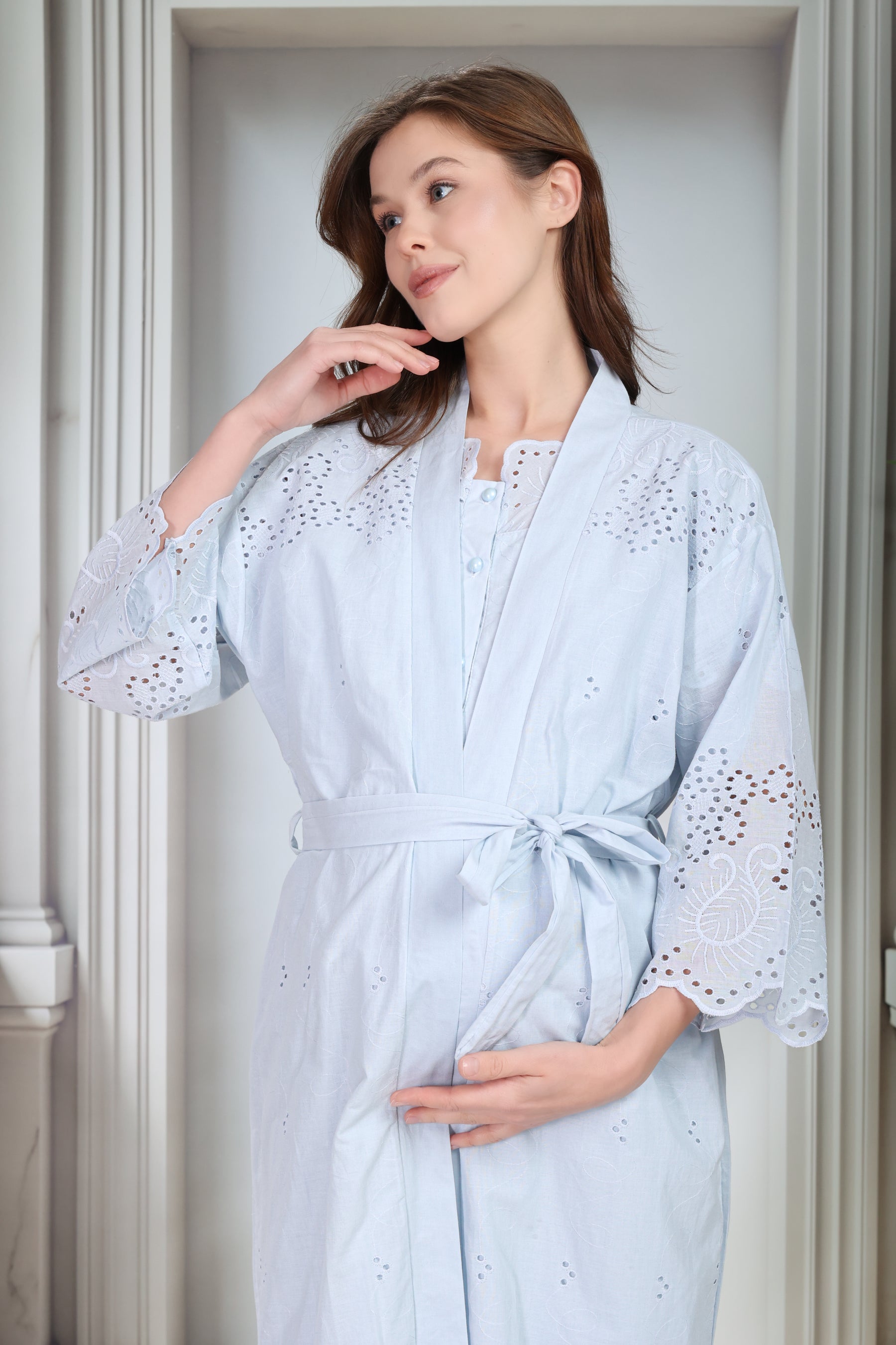 Embroidered Maternity-Nursing Nightgown & Robe Set Blue - 9020