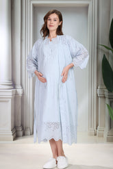 Embroidered Maternity-Nursing Nightgown & Robe Set Blue - 9020