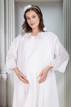 Embroidered Maternity-Nursing Nightgown & Robe Set Ecru - 9020