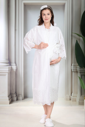 Embroidered Maternity-Nursing Nightgown & Robe Set Ecru - 9020
