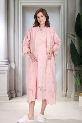 Embroidered Maternity-Nursing Nightgown & Robe Set Powder - 9020