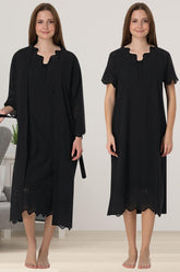 Embroidered Maternity-Nursing Nightgown & Robe Set Black - 9020