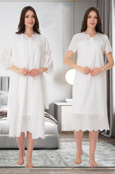 Embroidered Maternity-Nursing Nightgown & Robe Set Ecru - 9020