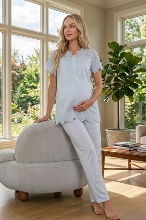 Embroidered Maternity & Nursing Pajama Set Blue - 9022