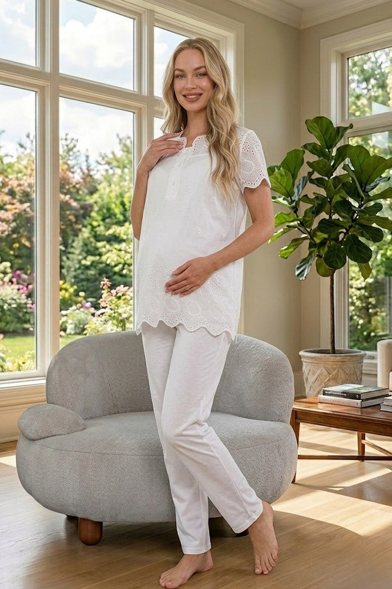 Embroidered Maternity & Nursing Pajama Set Ecru - 9022