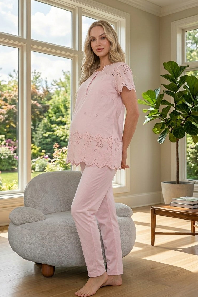 Embroidered Maternity & Nursing Pajama Set Powder - 9022