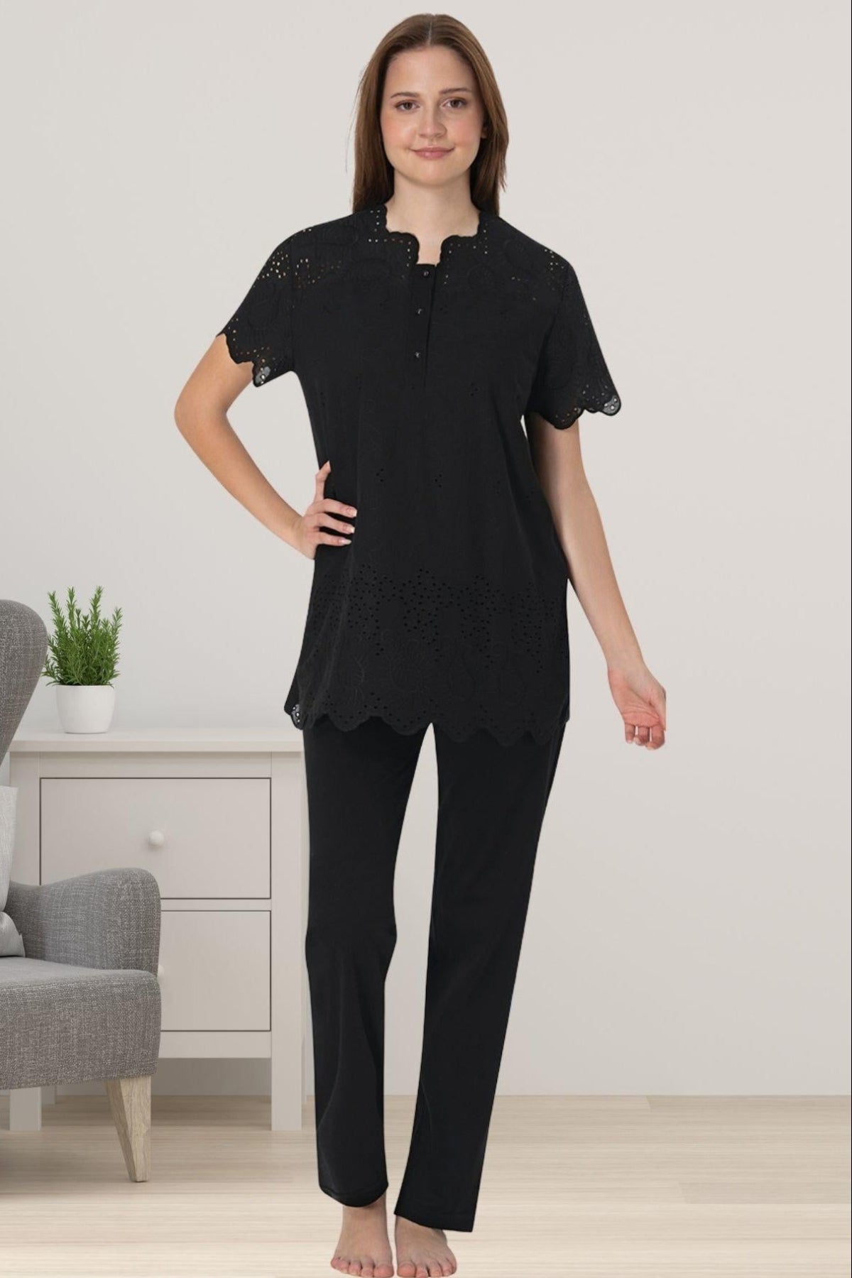 Embroidered Maternity & Nursing Pajama Set Black - 9022