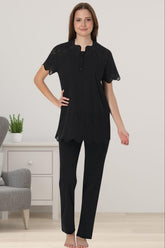 Embroidered Maternity & Nursing Pajama Set Black - 9022