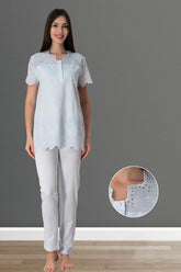 Embroidered Maternity & Nursing Pajama Set Blue - 9022