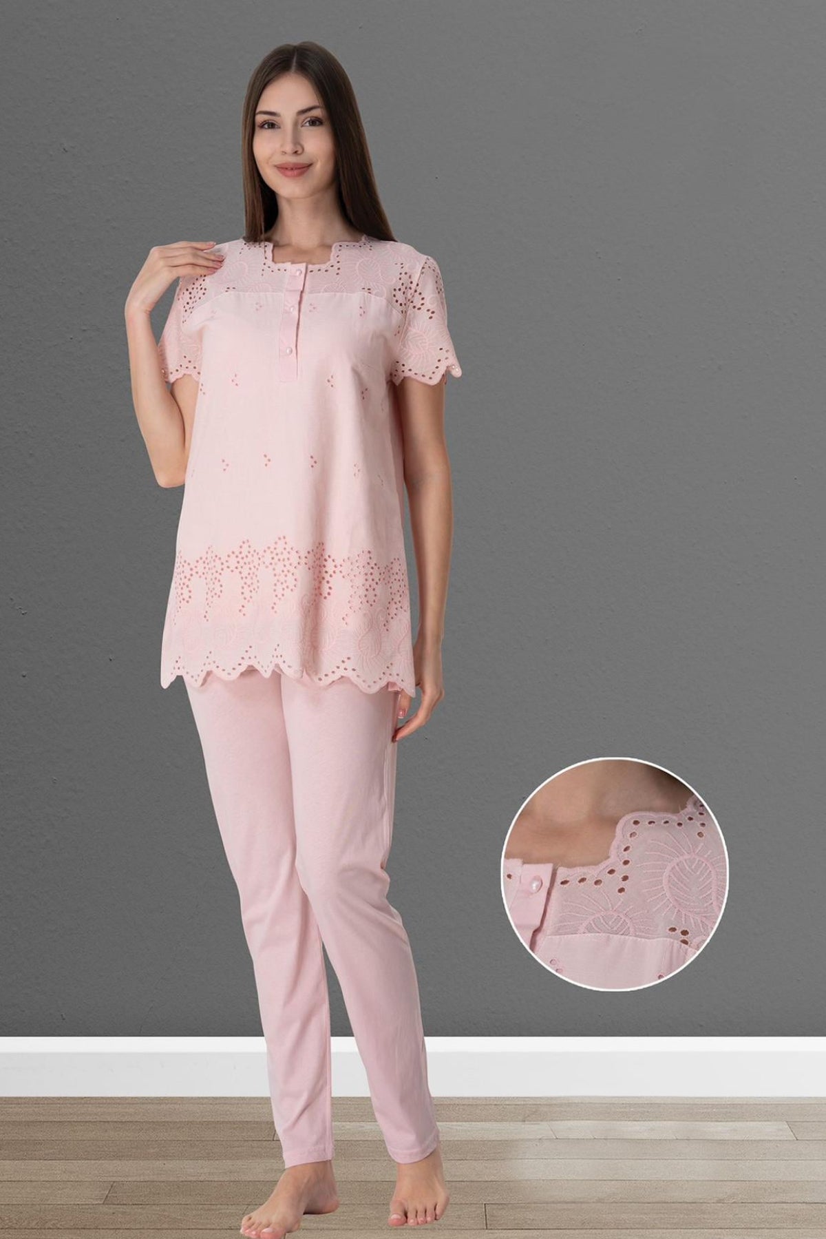 Embroidered 4-Piece Maternity-Nursing Set Powder - 9026