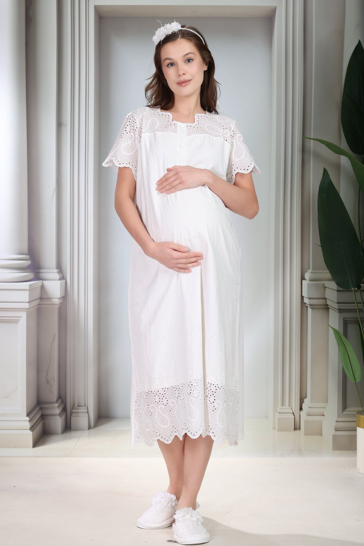 Embroidered Maternity & Nursing Nightgown Ecru - 9023