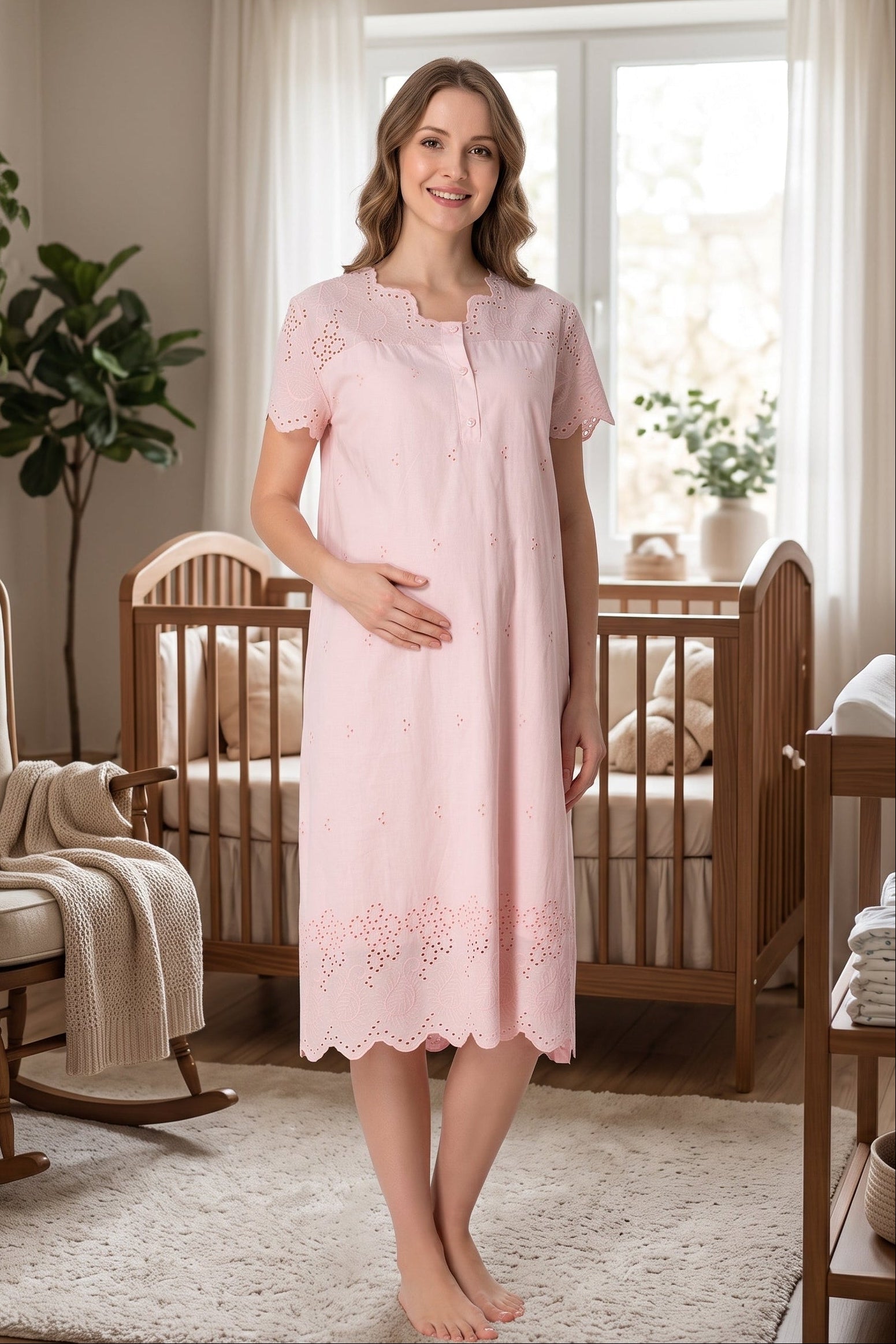 Embroidered Maternity & Nursing Nightgown Powder - 9023