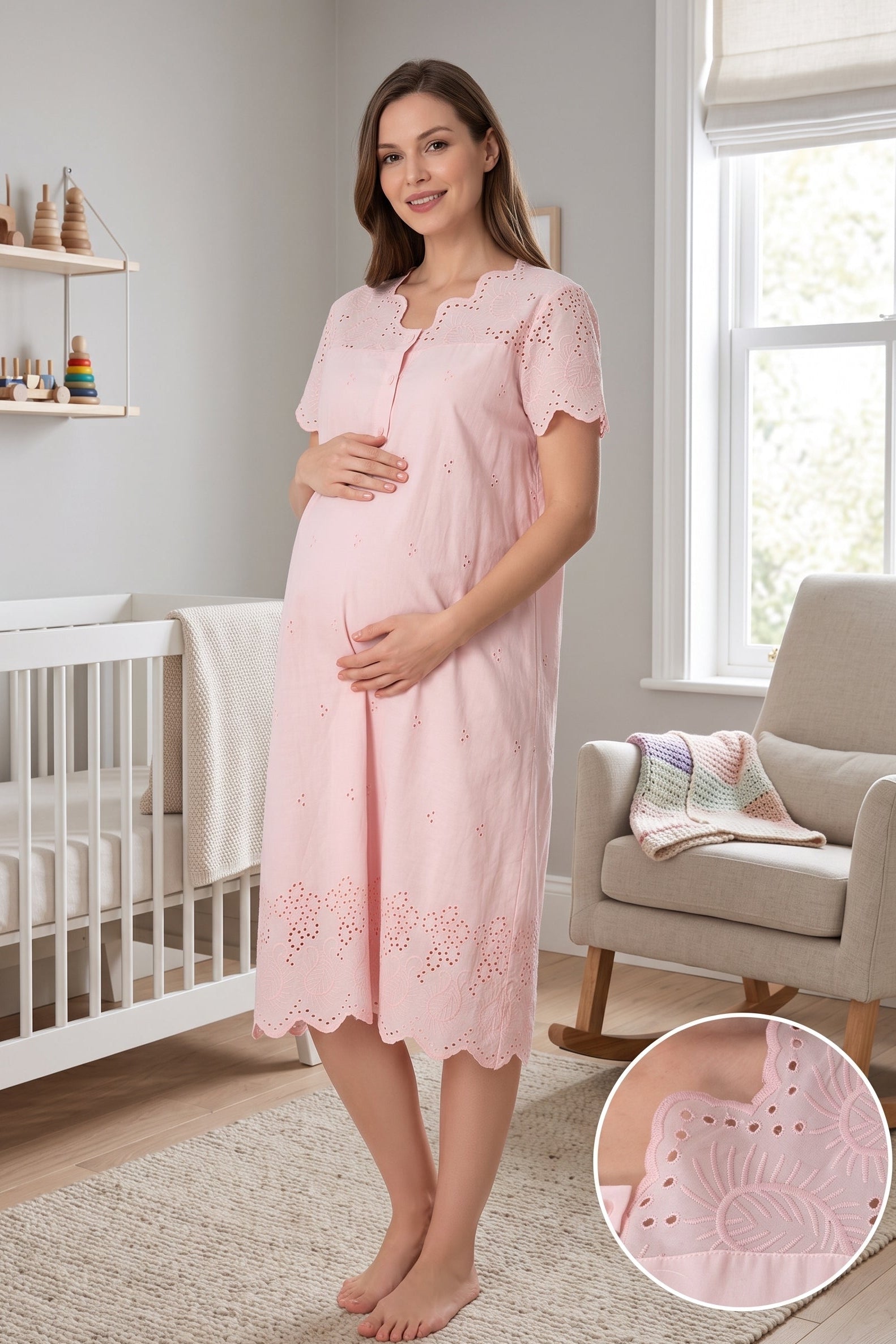 Embroidered Maternity & Nursing Nightgown Powder - 9023