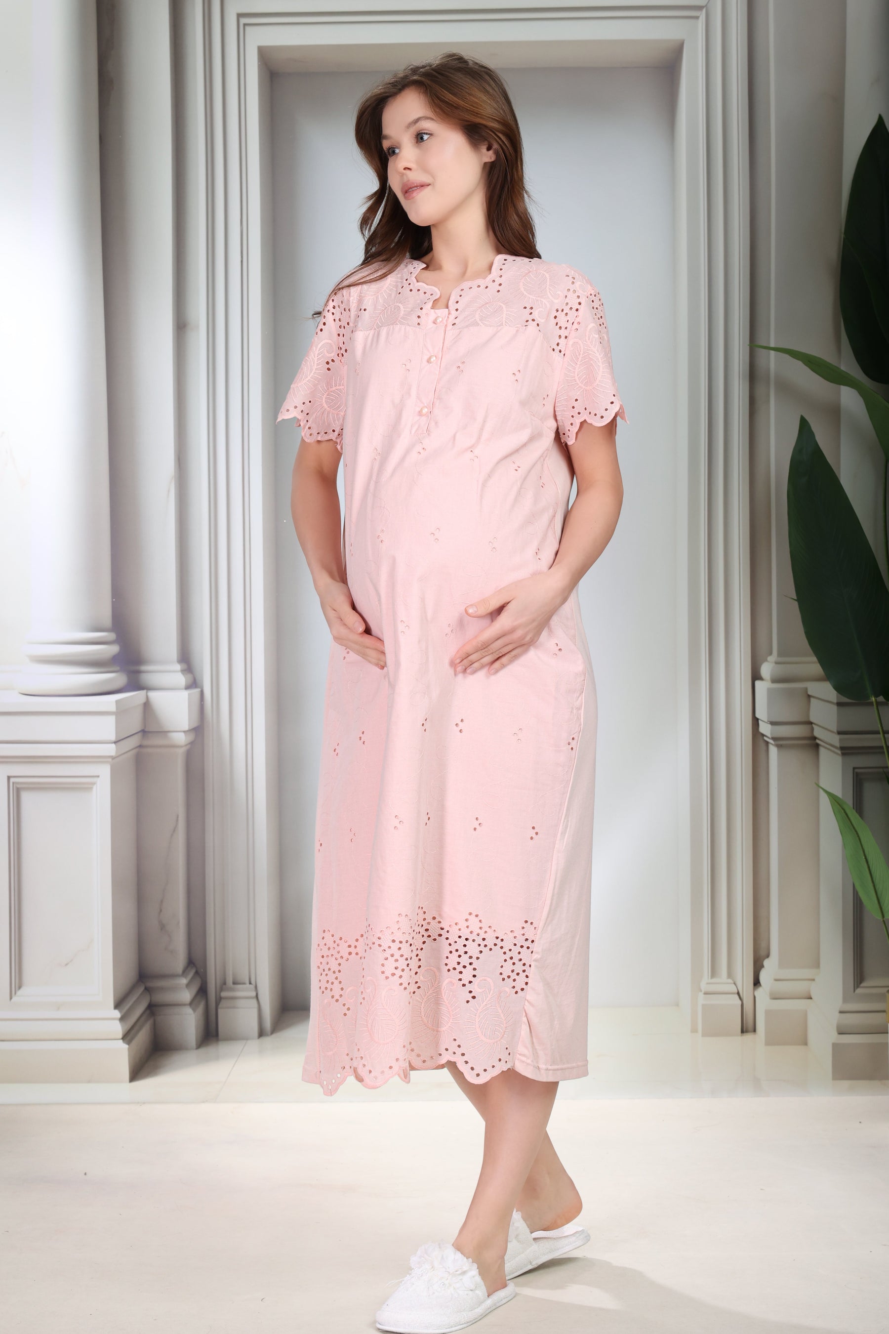 Embroidered Maternity-Nursing Nightgown & Robe Set Powder - 9020