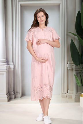 Embroidered Maternity-Nursing Nightgown & Robe Set Powder - 9020