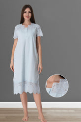 Embroidered Maternity & Nursing Nightgown Blue - 9023