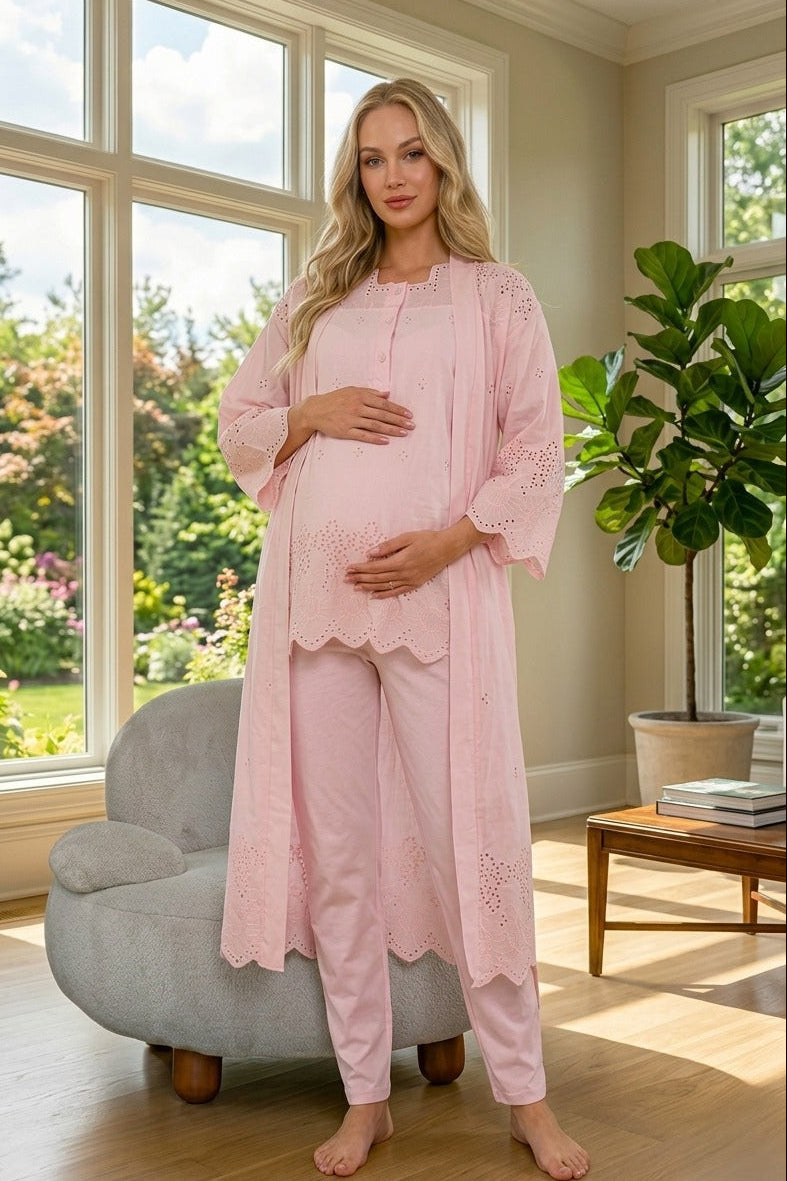 Embroidered 3-Piece Maternity-Nursing Pajama & Robe Set Powder - 9024