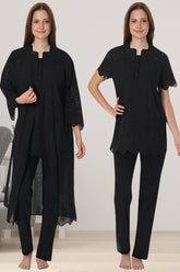 Embroidered 3-Piece Maternity-Nursing Pajama & Robe Set Black - 9024