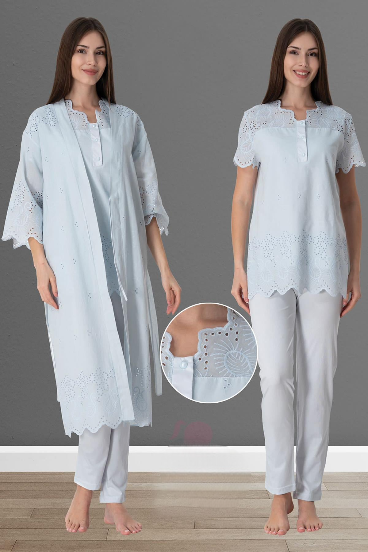 Embroidered 4-Piece Maternity-Nursing Set Blue - 9026
