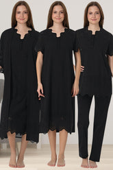 Embroidered 4-Piece Maternity-Nursing Set Black - 9026