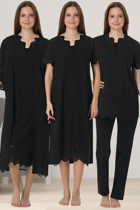 Embroidered 4-Piece Maternity-Nursing Set Black - 9026