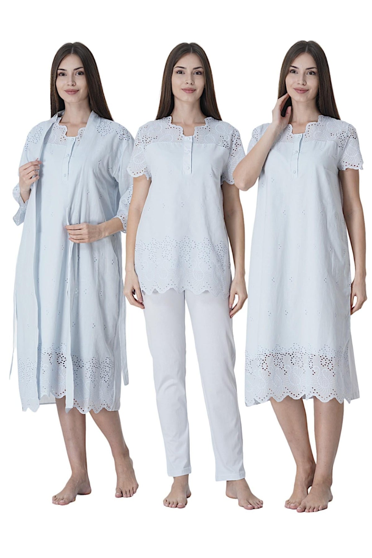 Embroidered 4-Piece Maternity-Nursing Set Blue - 9026