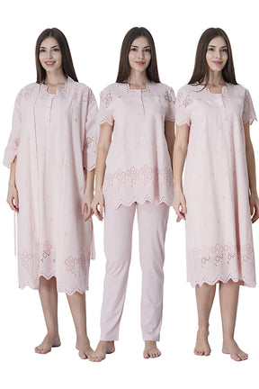 Embroidered 4-Piece Maternity-Nursing Set Powder - 9026
