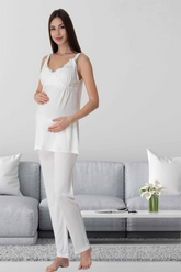 Lace Detailed Wrap Maternity & Nursing Pajama Set Ecru - 9032