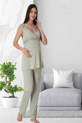 Lace Detailed Wrap Maternity & Nursing Pajama Set Green - 9032