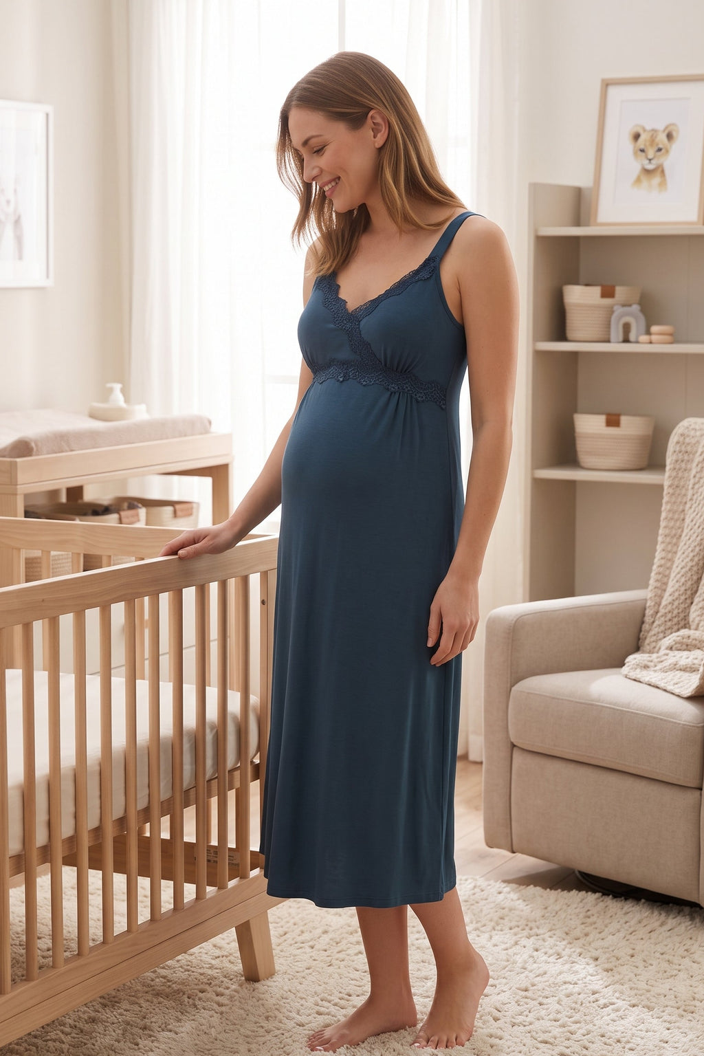 Lace Detailed Wrap Maternity & Nursing Nightgown Navy Blue - 9033
