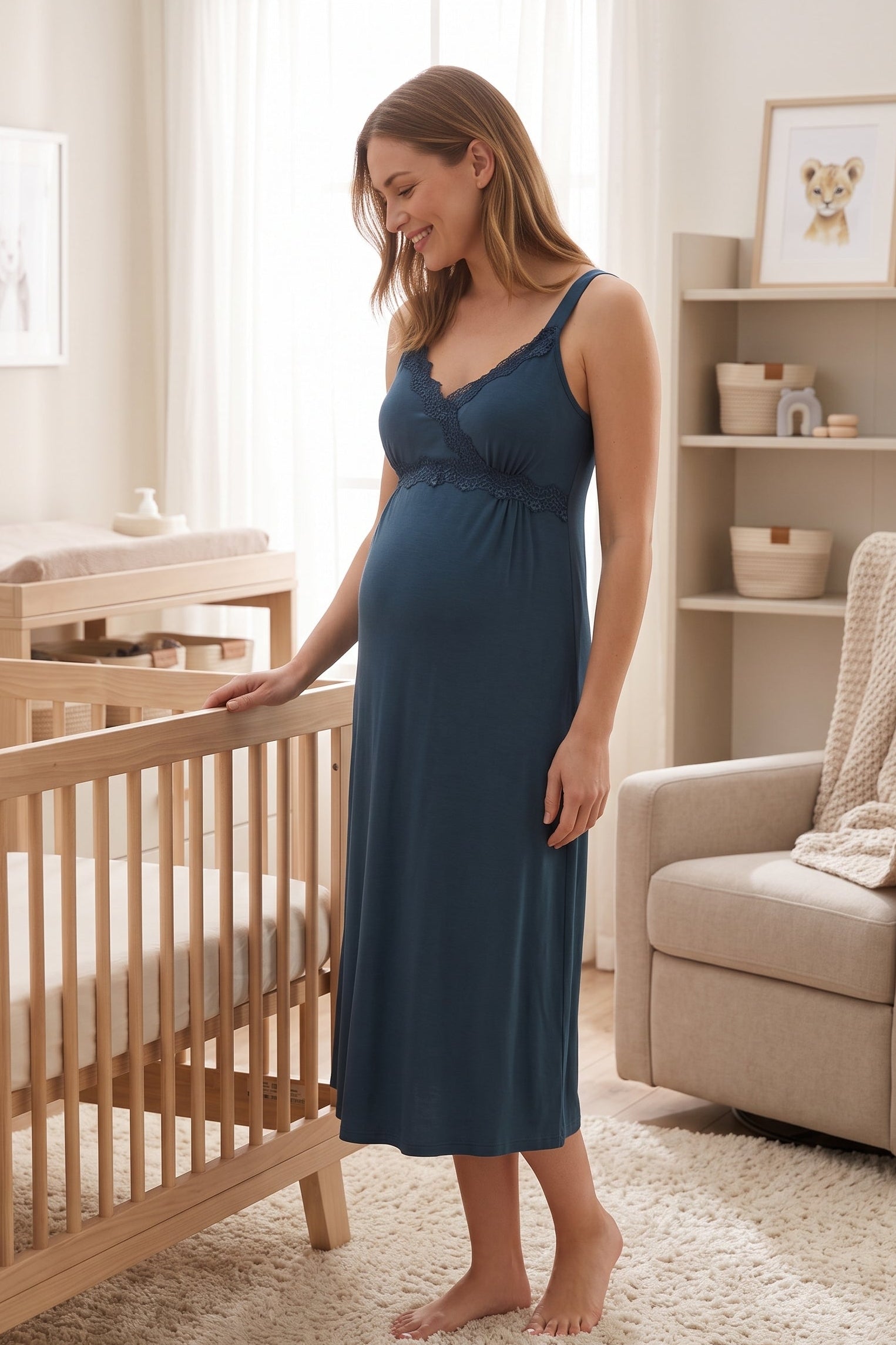 Lace Detailed Wrap Maternity & Nursing Nightgown Navy Blue - 9033