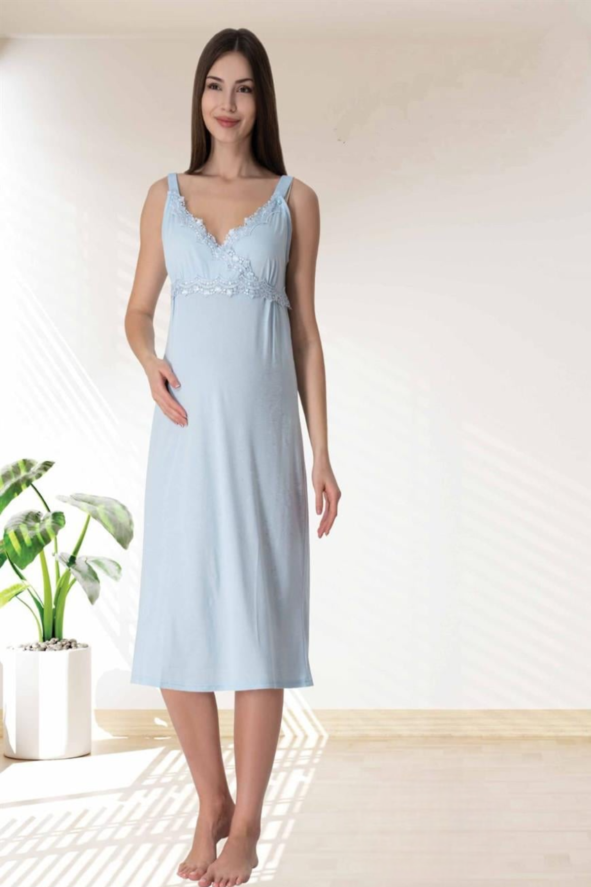 Lace Detailed Wrap Maternity & Nursing Nightgown Blue - 9033