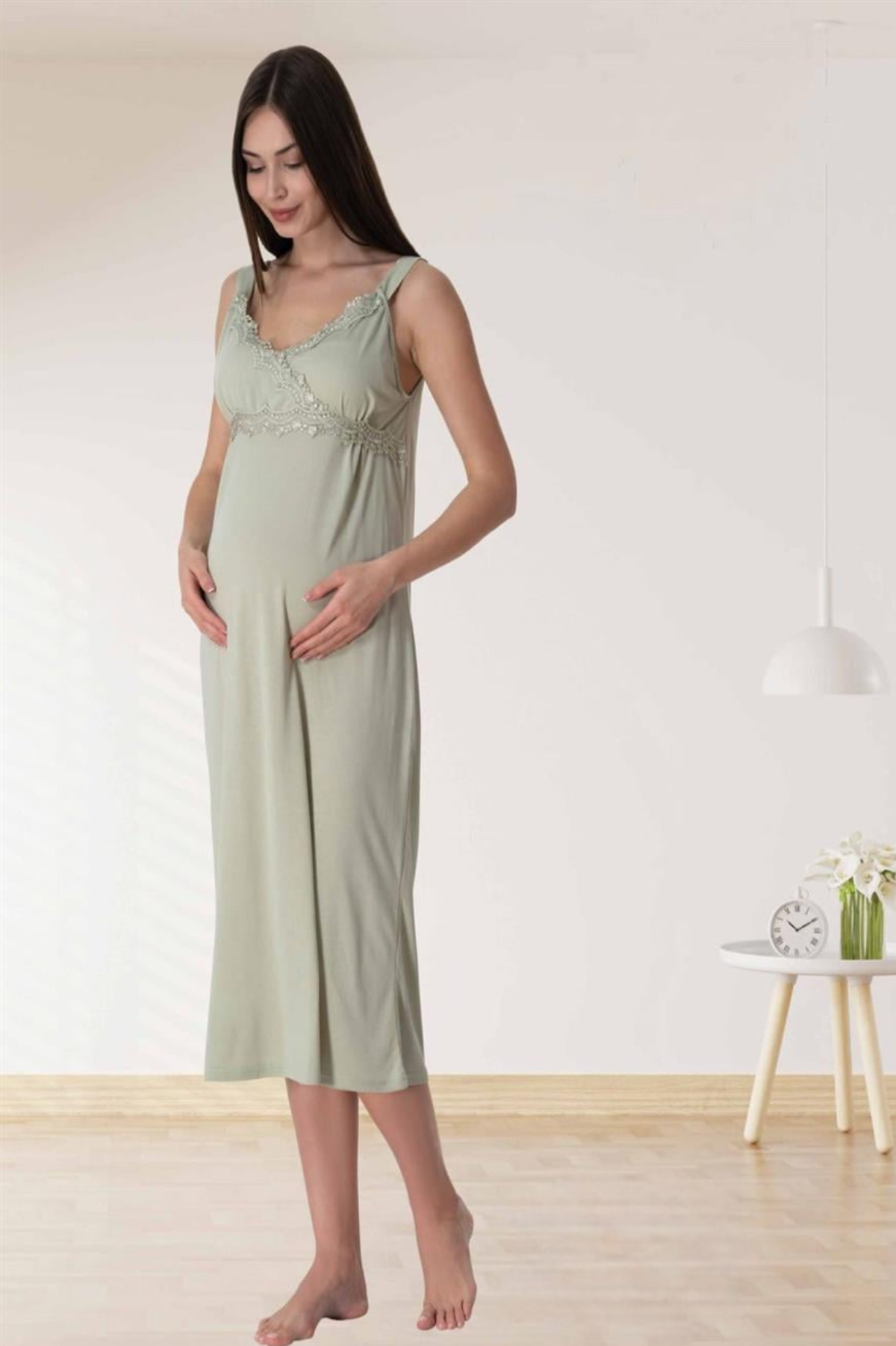 Lace Detailed Wrap Striped 4-Piece Maternity-Nursing Set Green - 9036